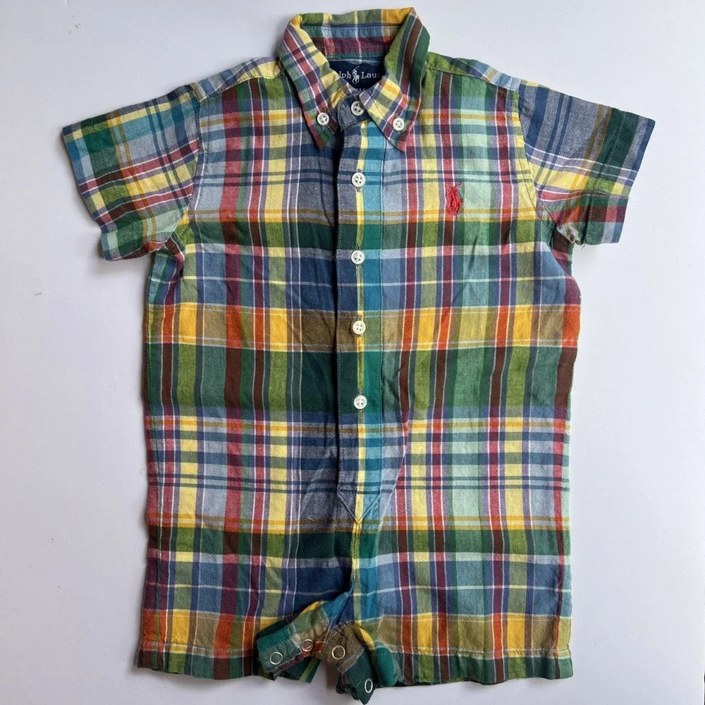 Ralph Lauren Plaid One Piece Romper Baby Boy Sz 9M Preppy Spring Summer Beach